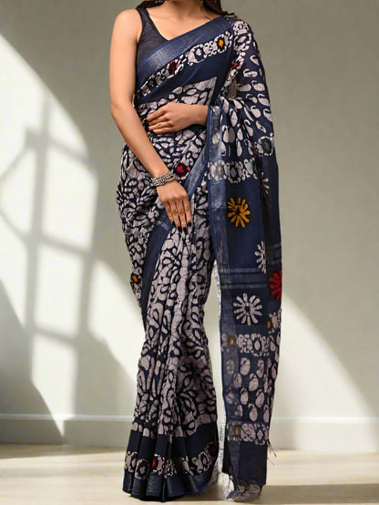 Linen Cotton Hand Block Printed Saree - Blue Batik