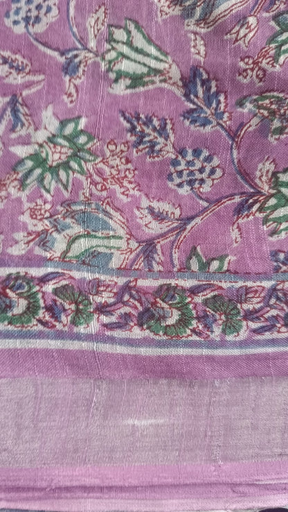 Linen Cotton Sanganeri Hand Block Printed Saree - Pink