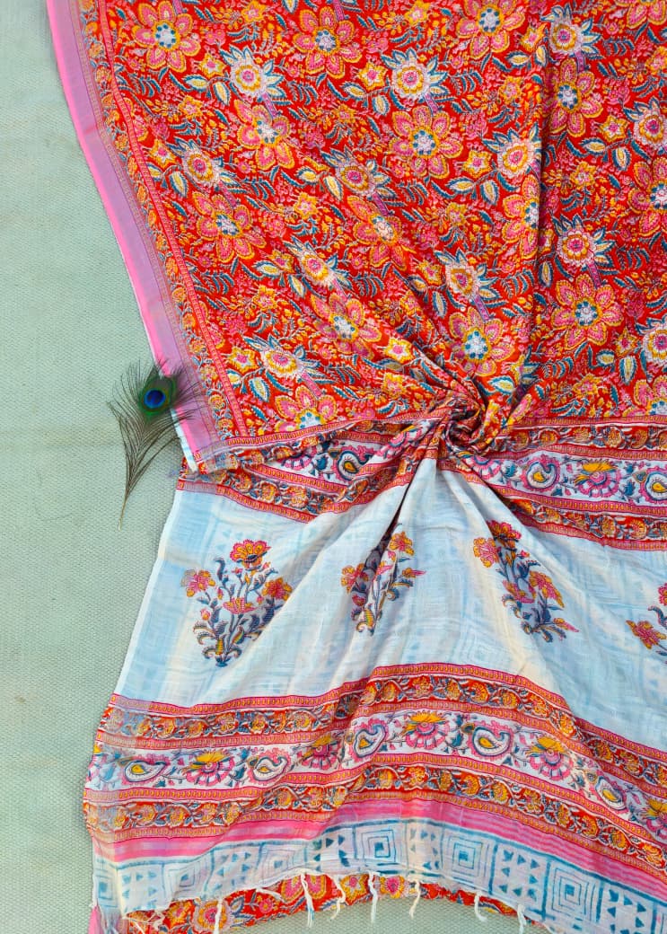 Linen Cotton Hand Block Printed Saree - Sanganeri Orange