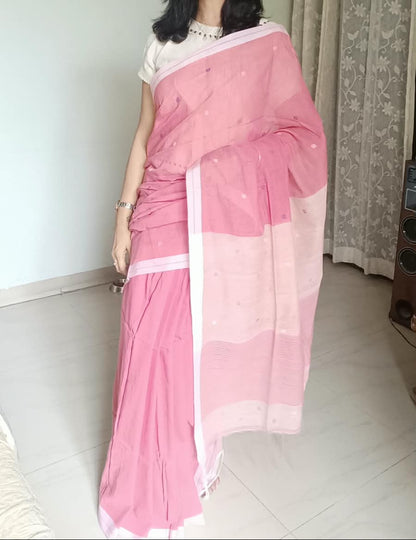 Bengal Cotton Jamdani Bindi Booti Saree - Pink