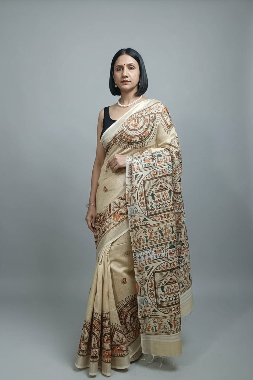 Khadi Cotton Saree - Warli Print