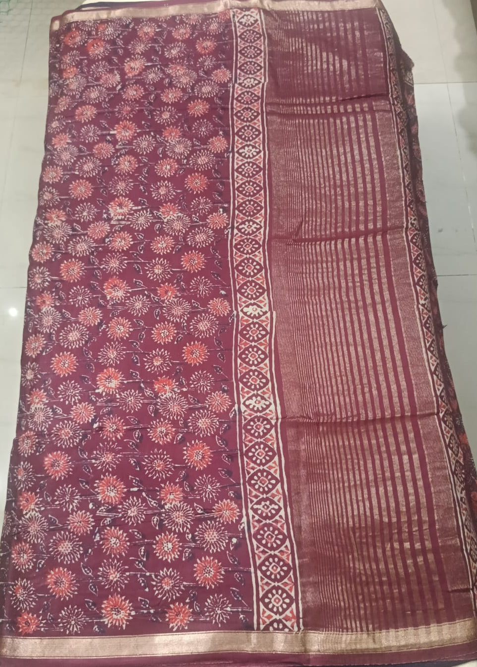 Art Silk Crepe Naphthol Block Print Saree - Deep Red