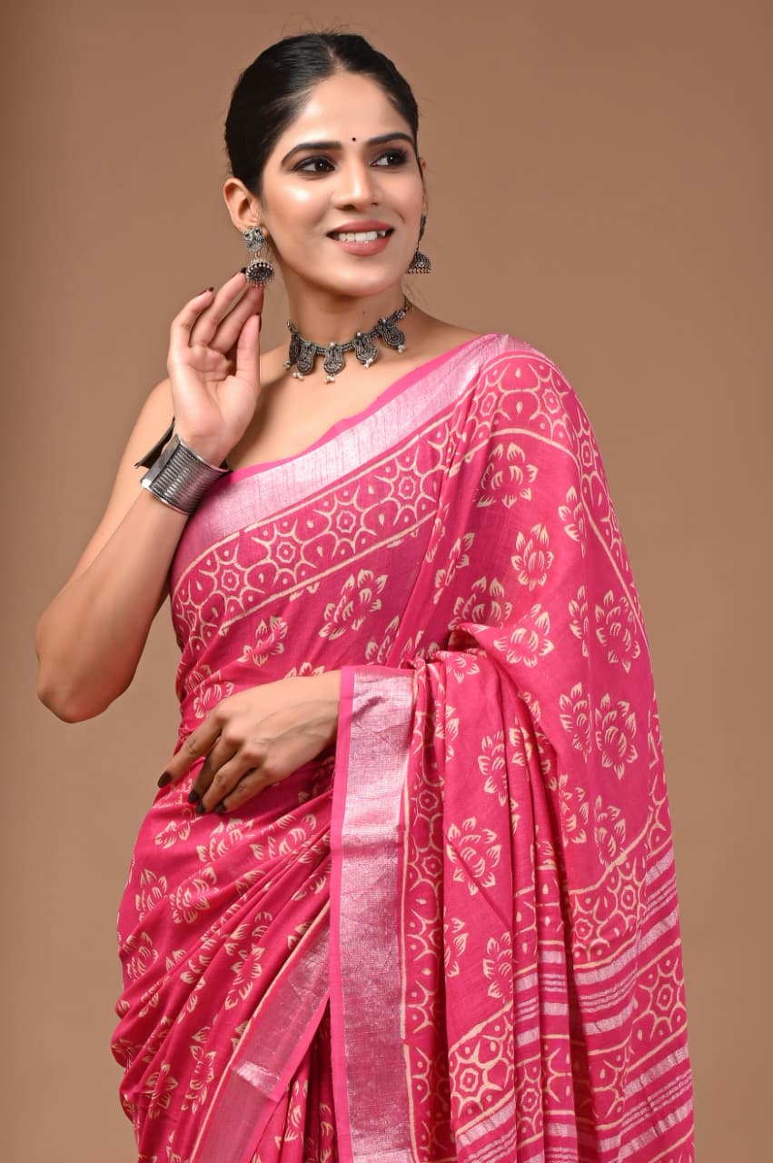 Linen Cotton Hand Block Printed Saree - Magenta