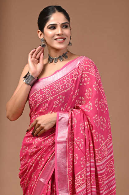 Linen Cotton Hand Block Printed Saree - Magenta