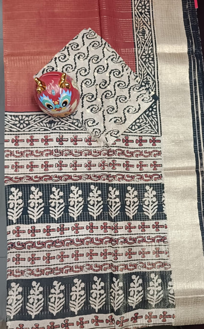 Russian Silk Jacquard Checks Bagru Print Saree - LIVA Fabric