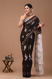 Pure Mulmul Cotton Saree - Hand Block Printed - Coca Cola