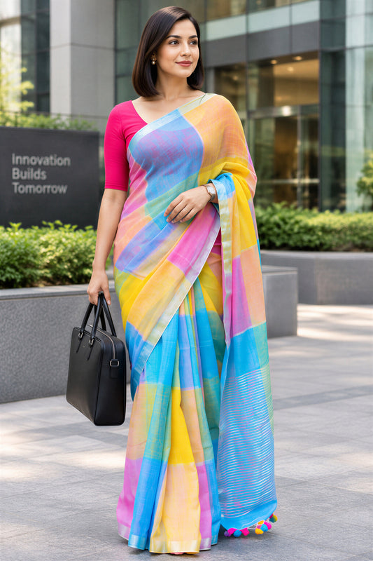 Linen Cotton Saree - Candy Floss