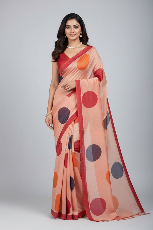 Pure Mulmul Cotton Saree - Hand Block Printed - Peach Polka