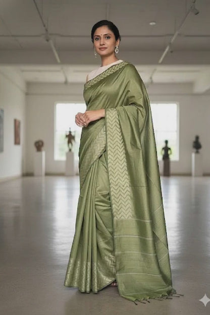 Cotton Silk Olive Saree with Zig Zag Border