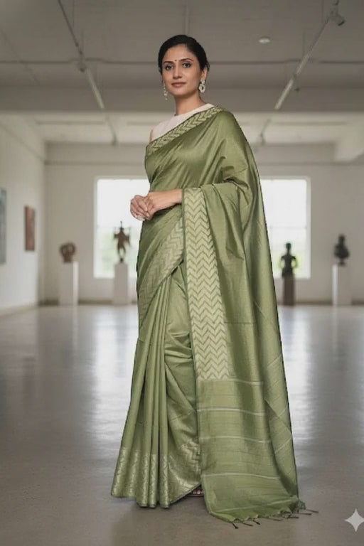 Cotton Silk Olive Saree with Zig Zag Border