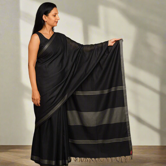 Art Linen Solid Dyed Saree with Silver Zari Border - Black