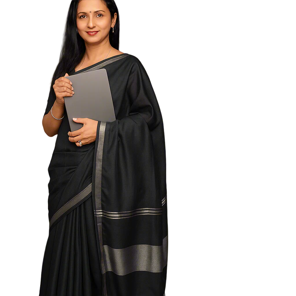 Art Linen Solid Dyed Saree with Silver Zari Border - Black