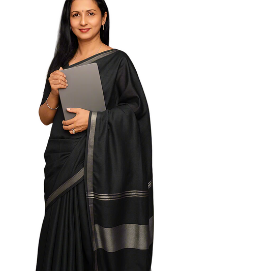 Art Linen Solid Dyed Saree with Silver Zari Border - Black